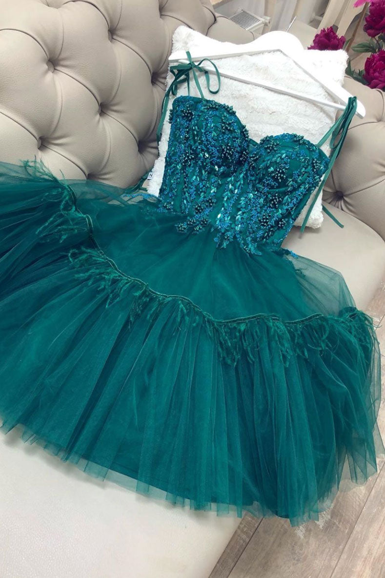 Green tulle lace short prom dress green lace cocktail dress
