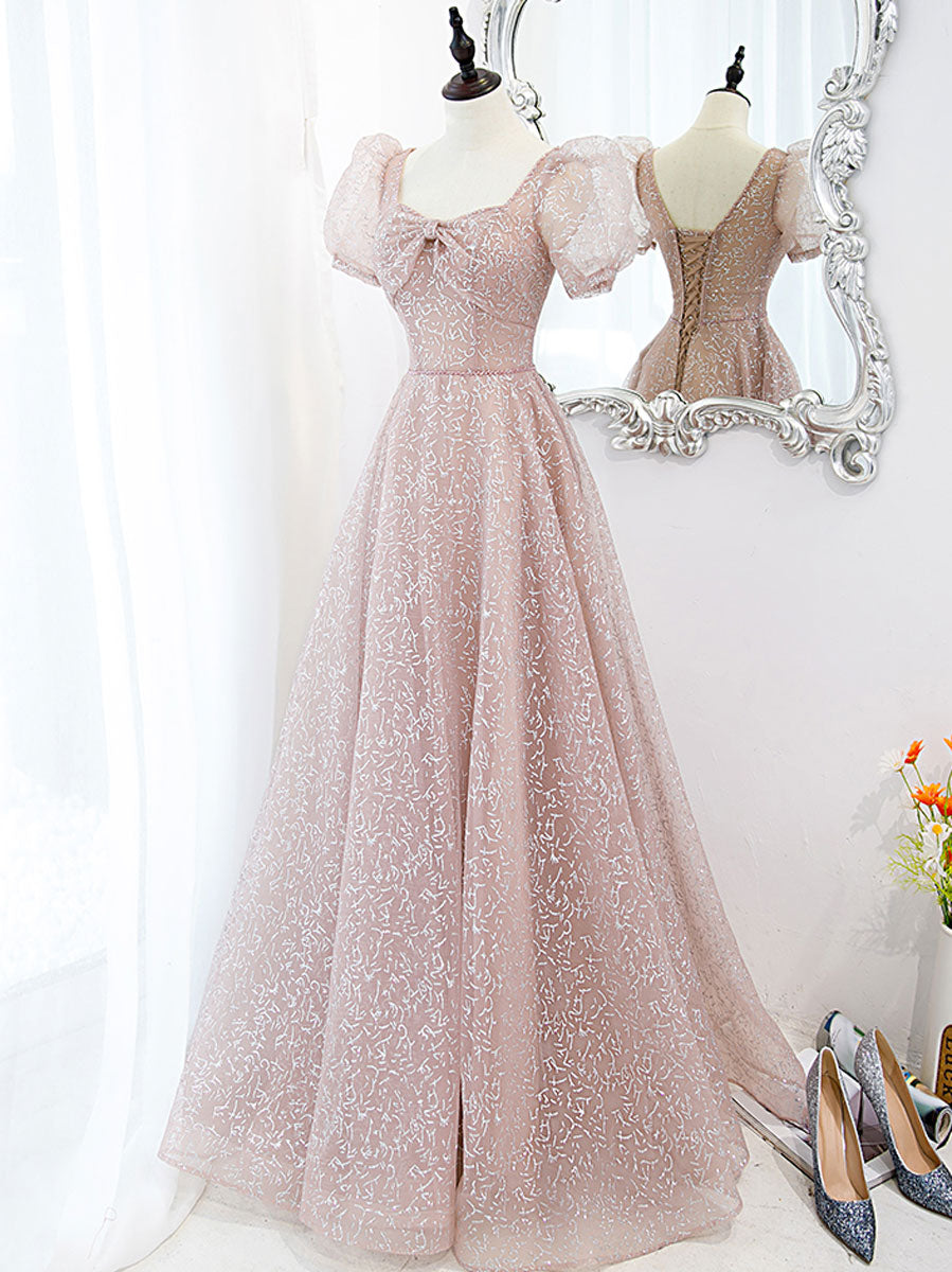 Simple tulle sequin long prom dress, tulle long evening dress