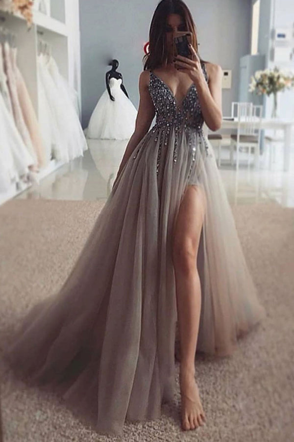 Gray v neck tulle sequin long prom dress gray formal dress