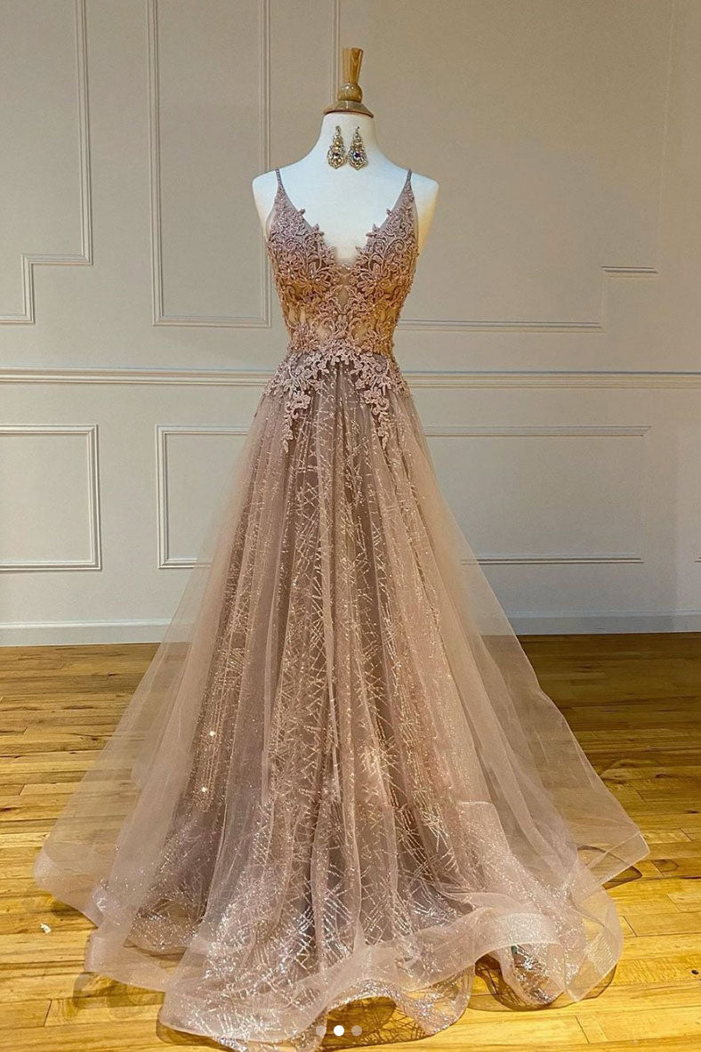 champagne colored formal dresses v neck tulle lace long prom dress champagne evening dress Color-Champagne