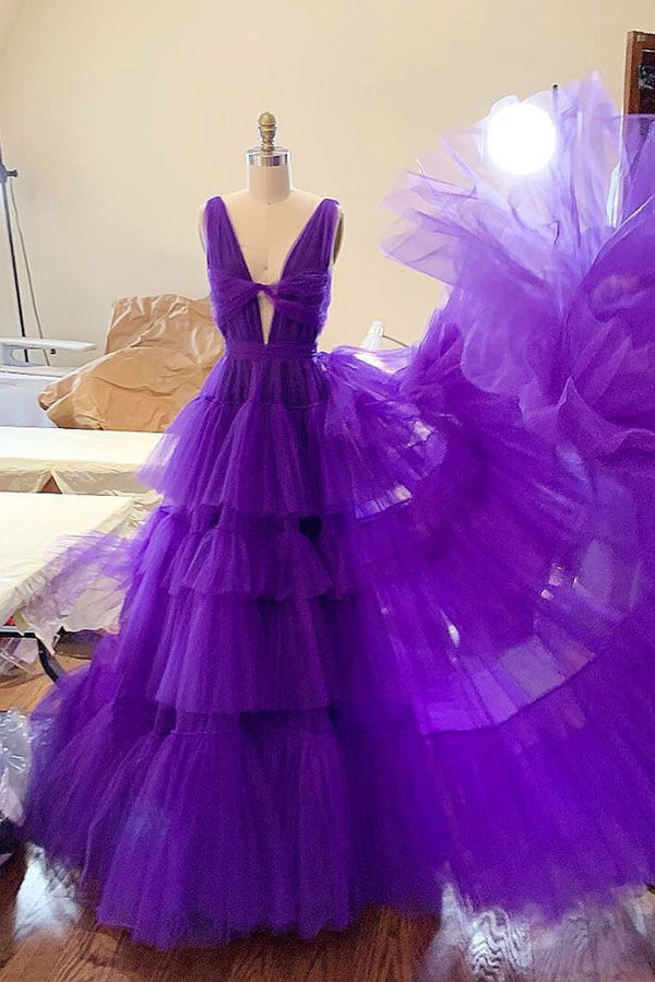 Purple tulle long prom dress, purple tulle evening dress