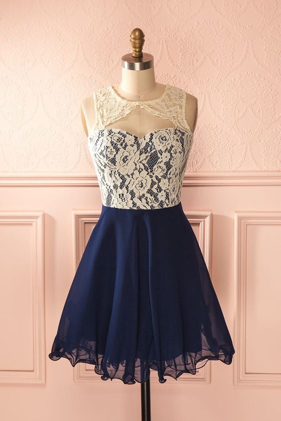 Cute lace chiffon dark blue short prom dress, homecoming dress