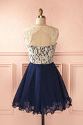 Cute lace chiffon dark blue short prom dress, homecoming dress