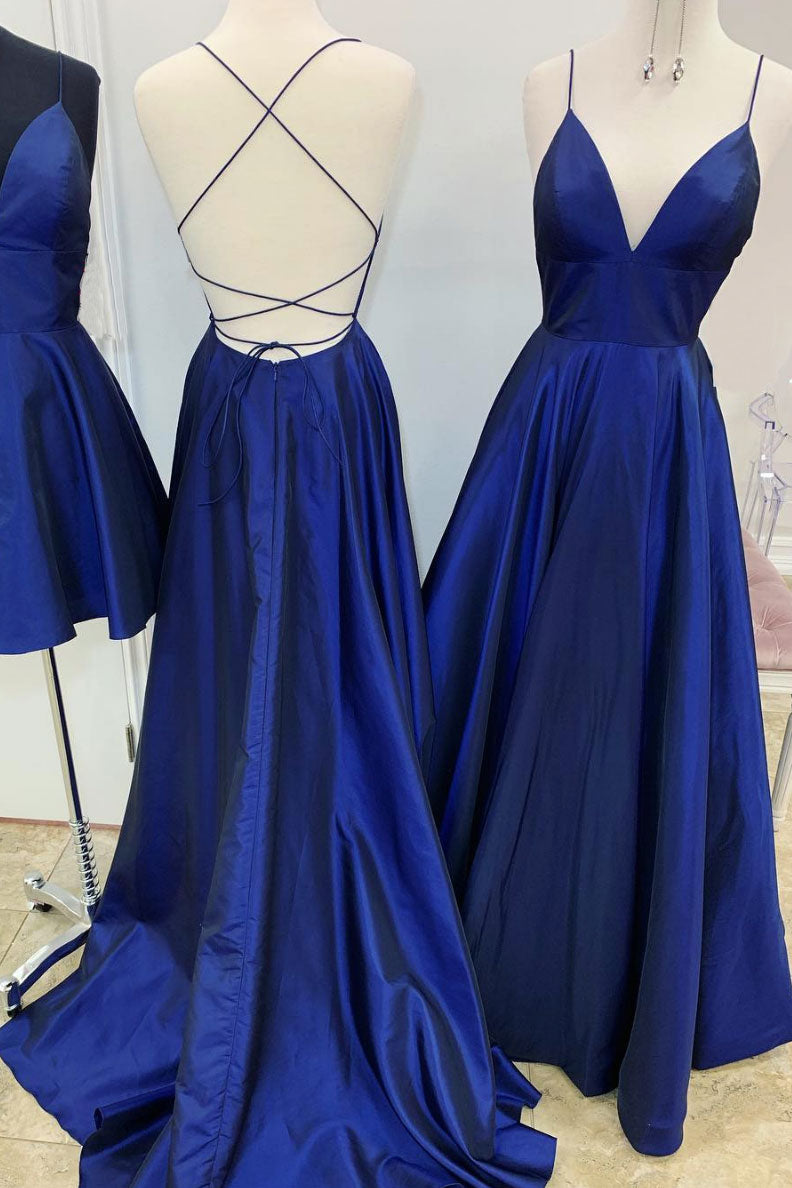 Simple blue backless long prom dress blue satin long evening dress