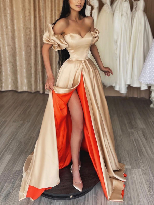 Champagne sweetheart neck satin long prom dress, unique evening dress