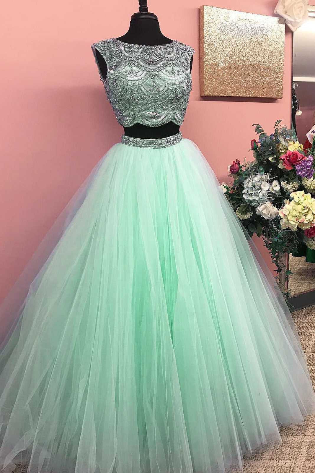 Green round neck two pieces tulle beads long prom dress, green evening dress