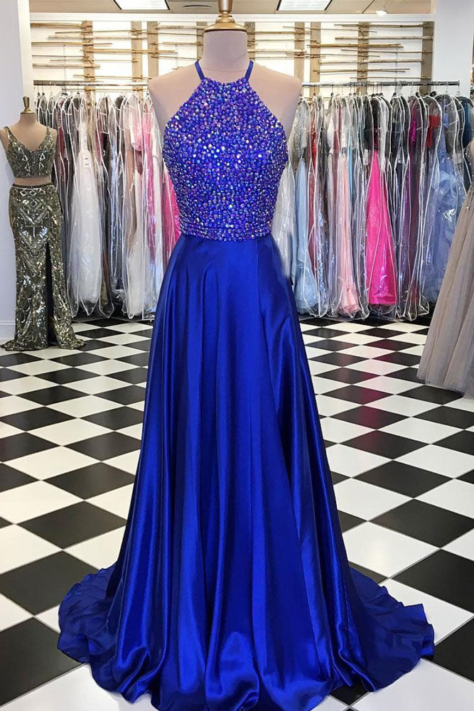 Blue A-line beads long prom dress, blue evening dress