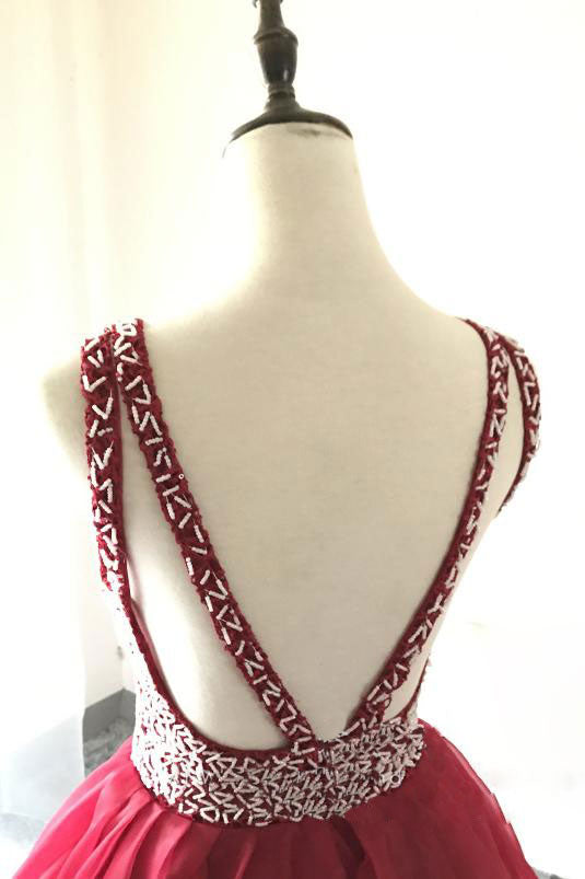 Burgundy round neck tulle beads long prom dress, burgundy evening dress