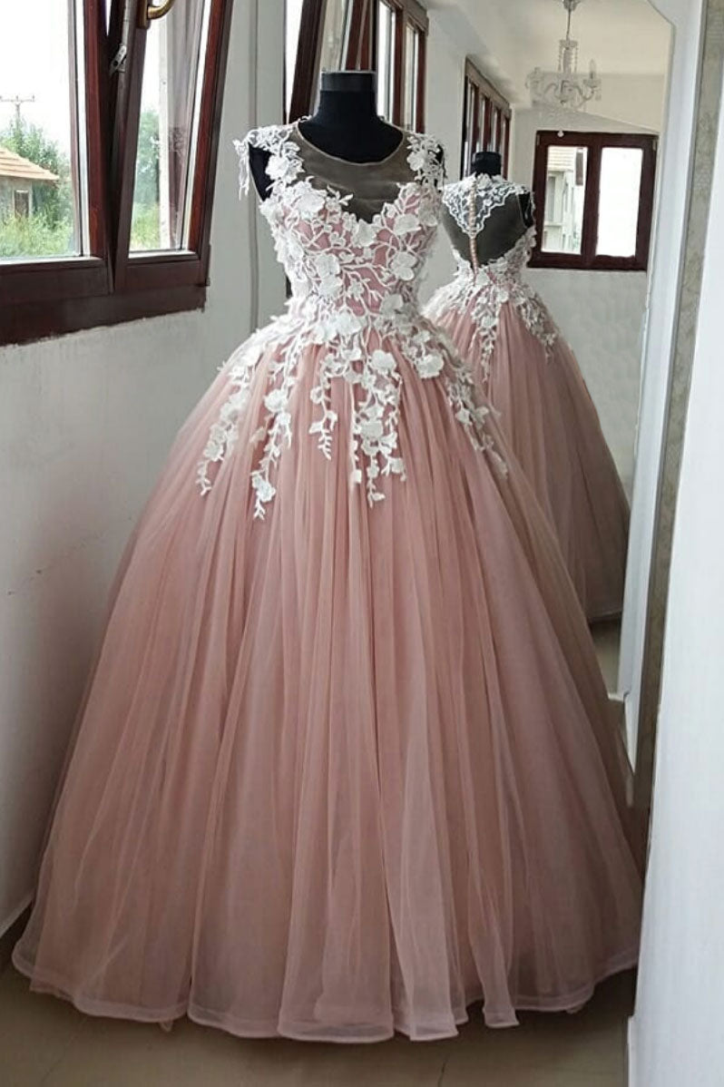 Pink round neck tulle lace applique long prom dress, pink evening dress