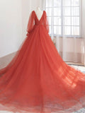 Orange v neck tulle long prom dress, orange evening dress