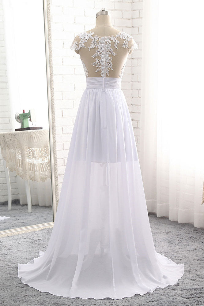 White round neck lace long prom dress, white evening dress