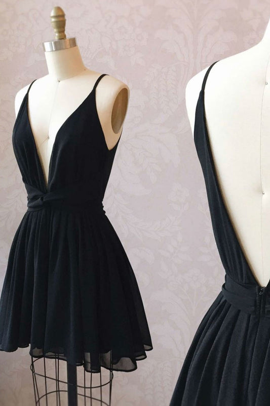 Black v neck chiffon short prom dress, black homecoming dress