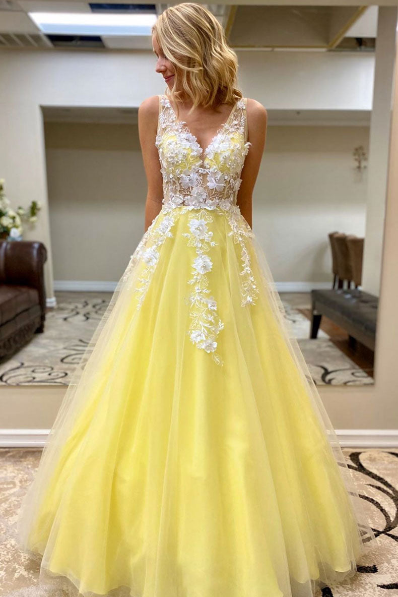 Yellow v neck tulle lace long prom dress yellow formal dress