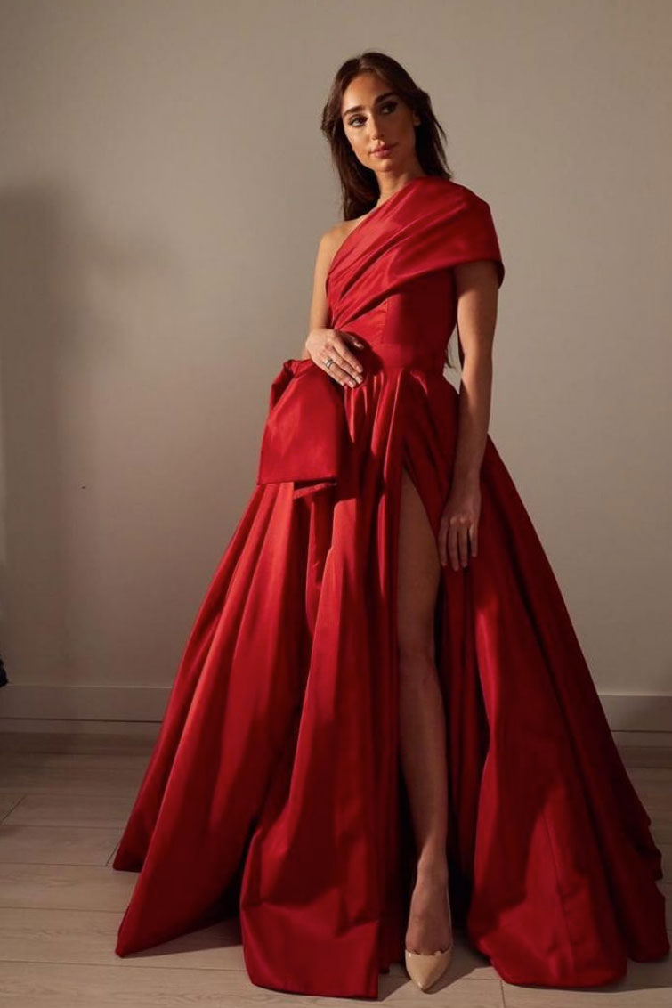 Red satin long prom dress, simple satin evening dress
