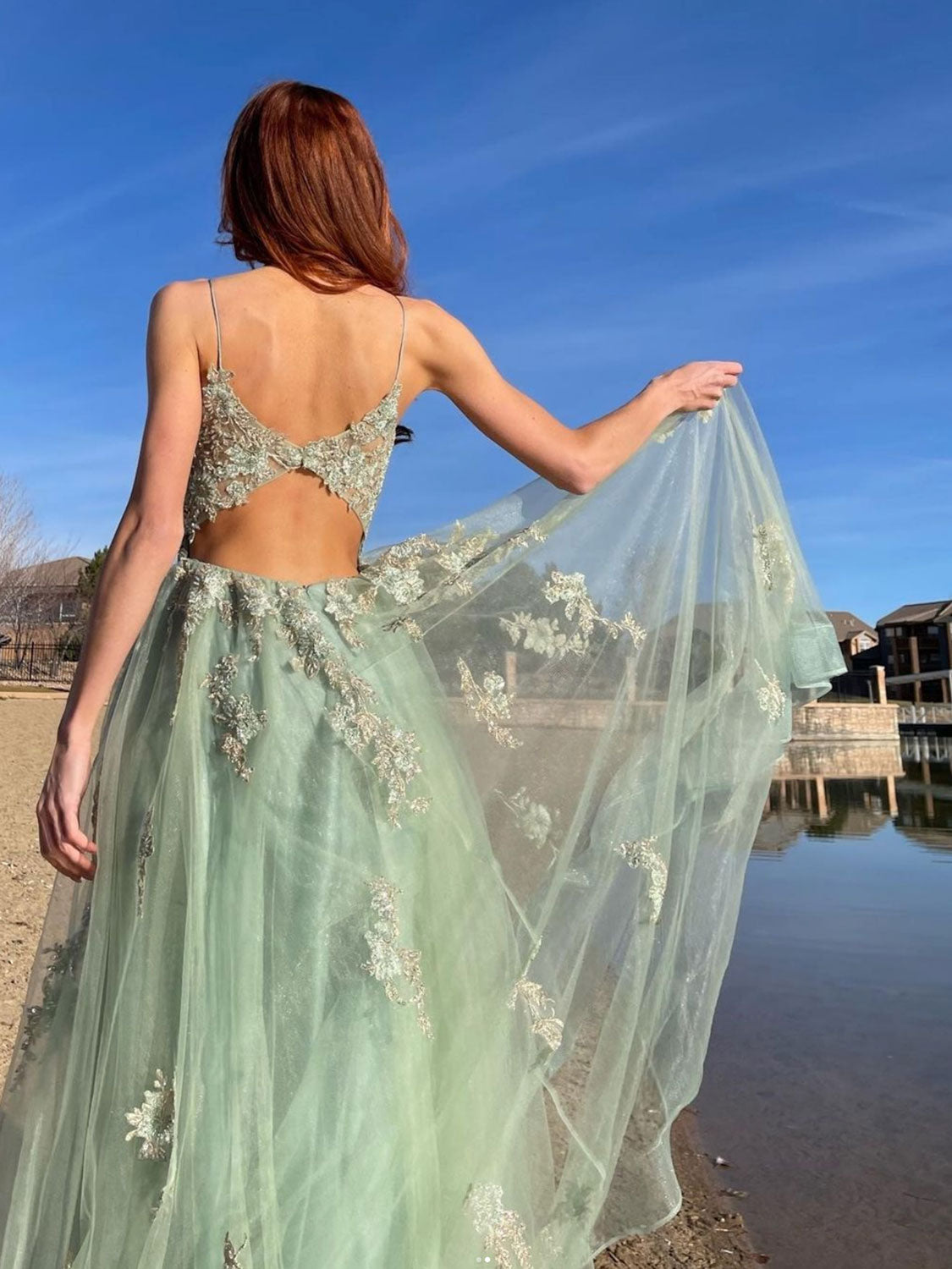 Green tulle lace long prom dress, green tulle lace formal dress