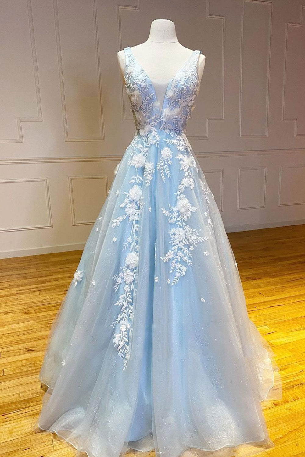 Blue v neck tulle lace long prom dress blue lace evening dress