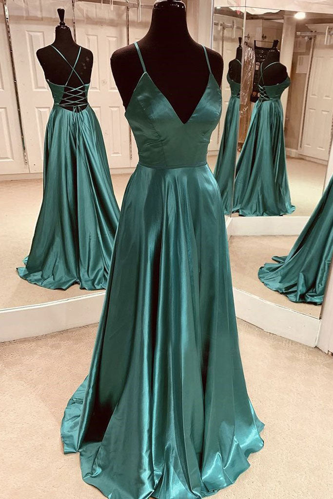 Green simple satin long prom dress green formal dress – dresstby