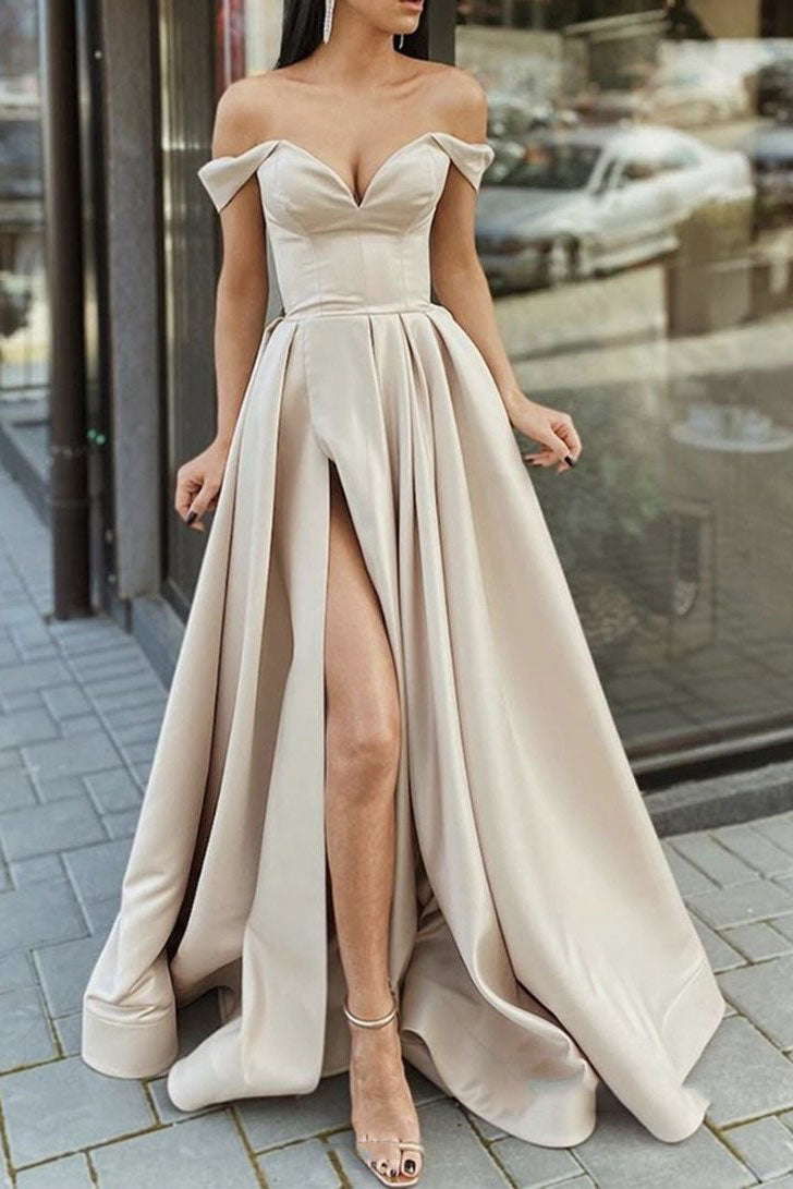Simple champagne satin long prom dress champagne evening dress