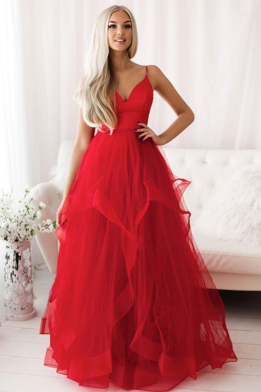 Red v neck tulle long prom dress red tulle evening dress