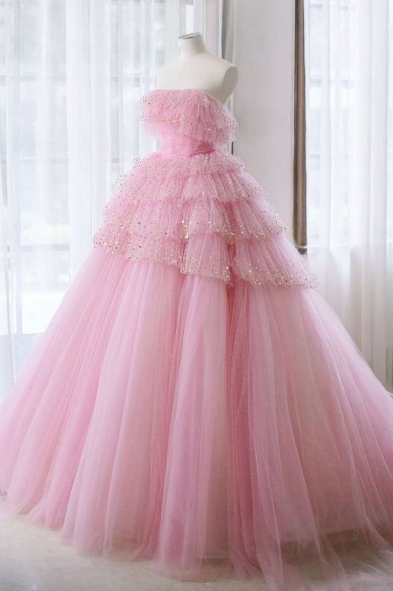 Pink tulle lace long prom dress pink tulle evening dress