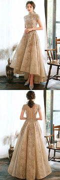 Unique high neck lace long prom dress lace formal dress