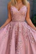 Pink sweetheart tulle lace long prom dress lace formal dress
