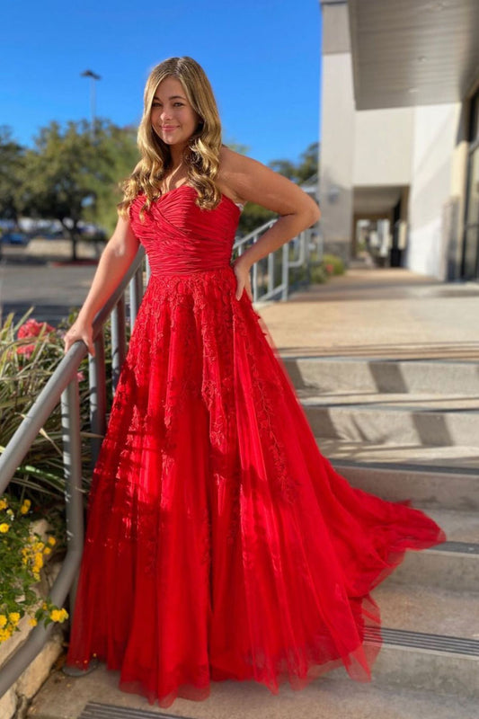Red sweetheart neck tulle lace long prom dress red formal dress