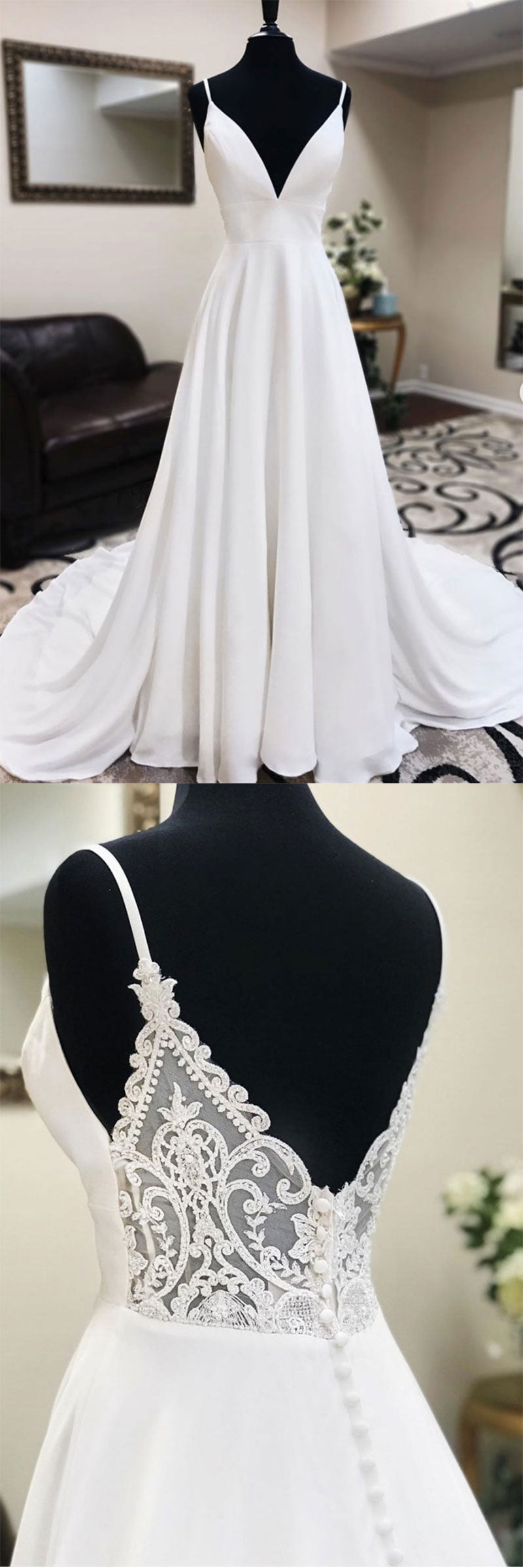 White v neck chiffon long prom dress white lace evening dress