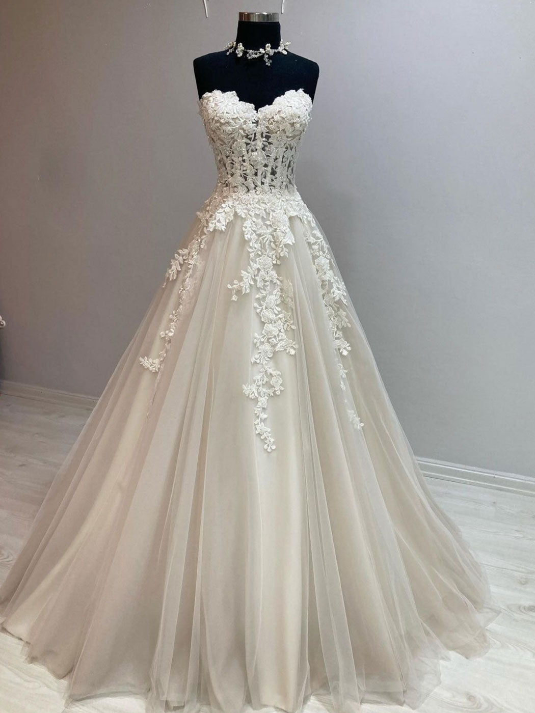 Ivory sweetheart neck tulle lace long prom dress, tulle formal dress