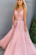 Pink sweetheart tulle lace long prom dress lace formal dress