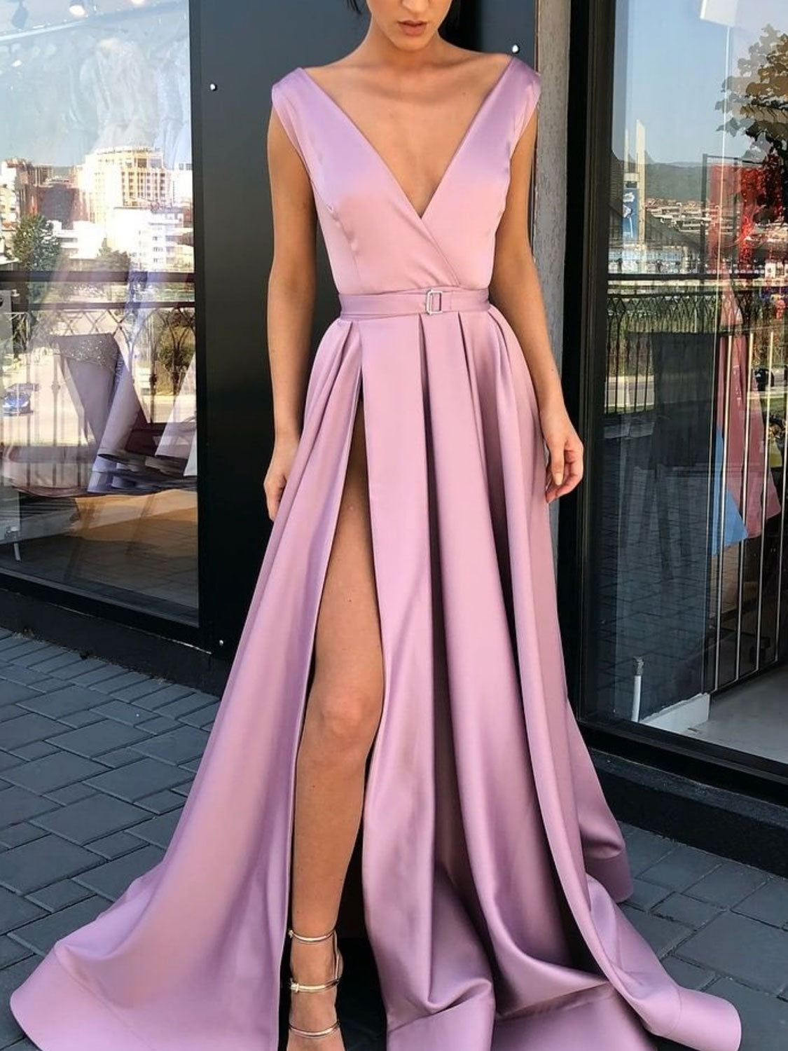 Simple v neck satin long prom dress, pink evening dress