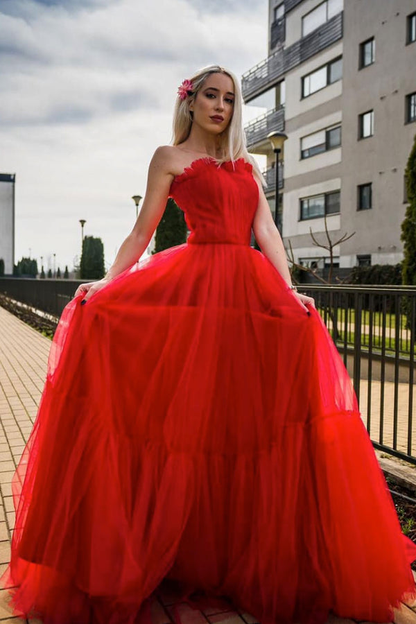 Red tulle long prom dress red tulle formal dress