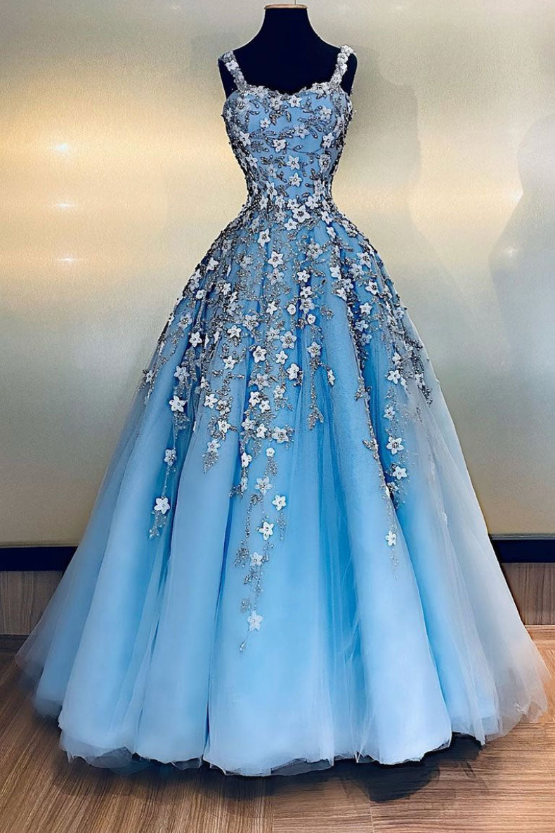 Blue sweetheart tulle lace long prom dress blue formal dress