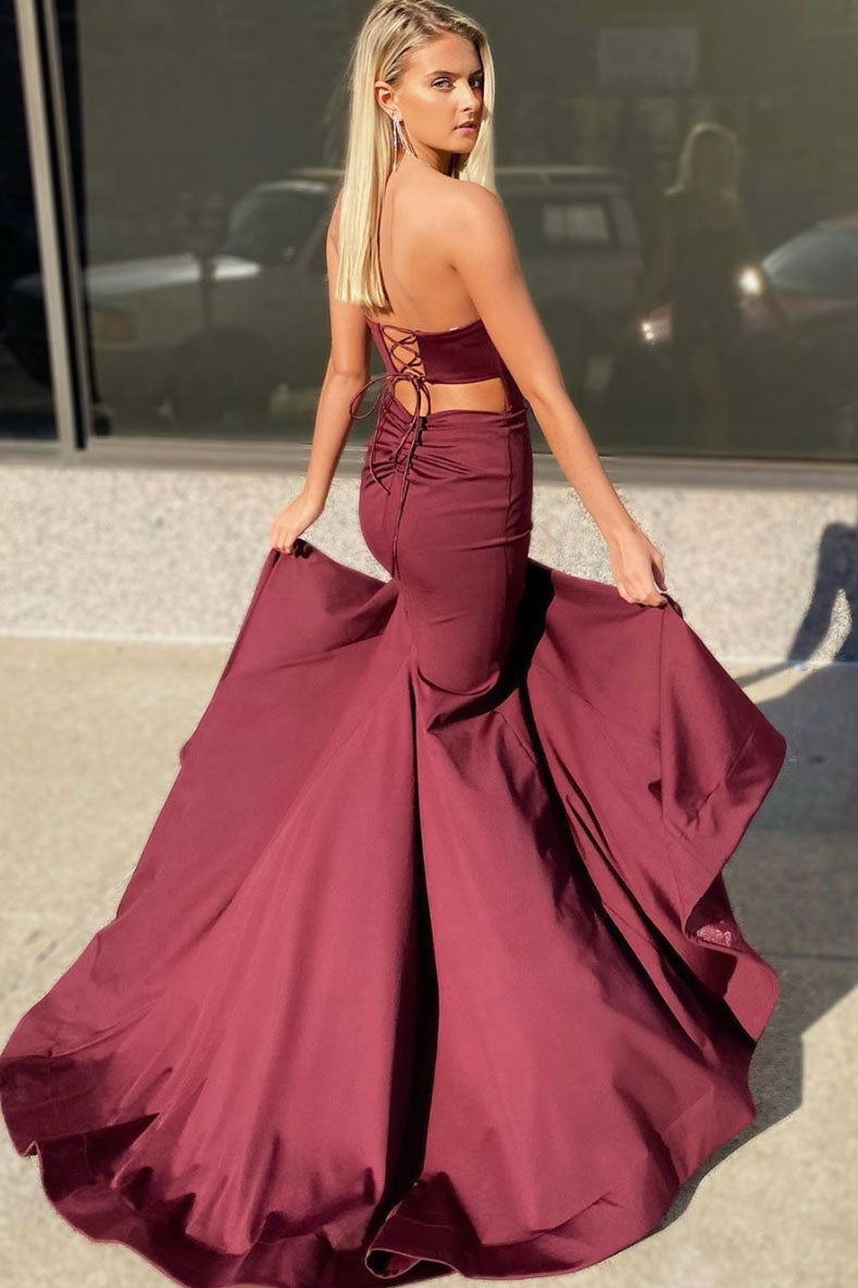 Unique burgundy satin long prom dress burgundy formal dress