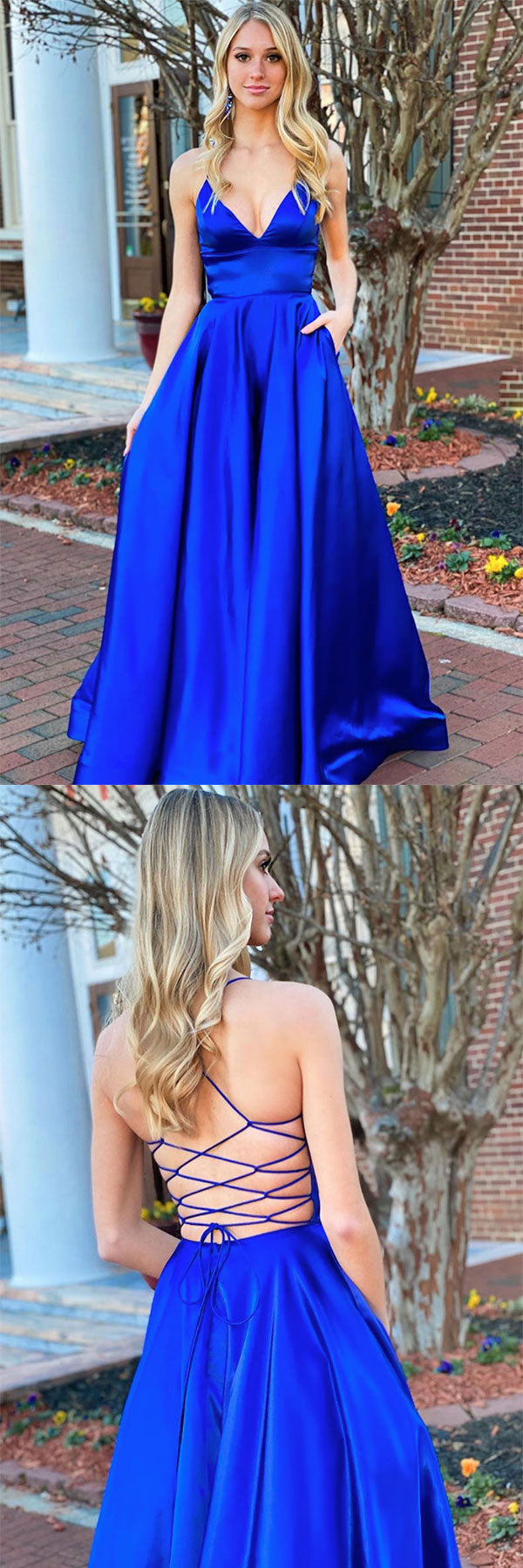 Simple v neck blue satin long prom dress blue formal dress