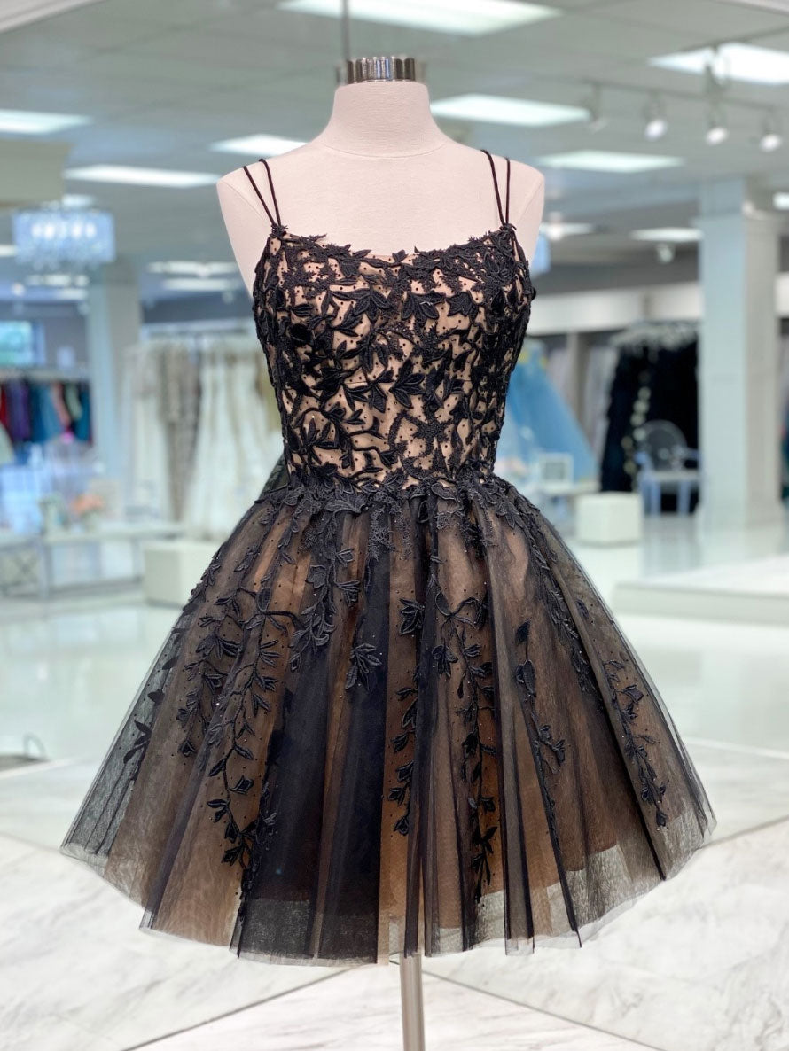 Black tulle lace short prom dress, black tulle lace homecoming dress