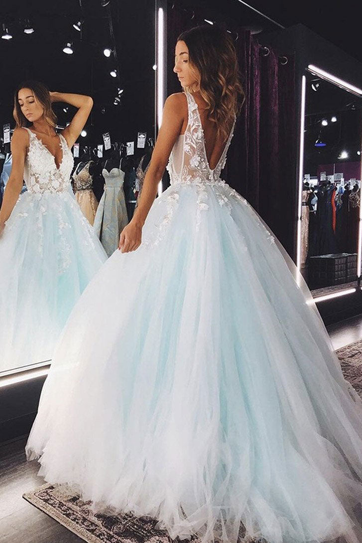 Blue v neck tulle lace long prom dress blue lace formal dress