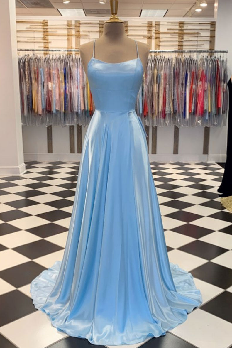 Simple blue satin long prom dress blue long evening dress