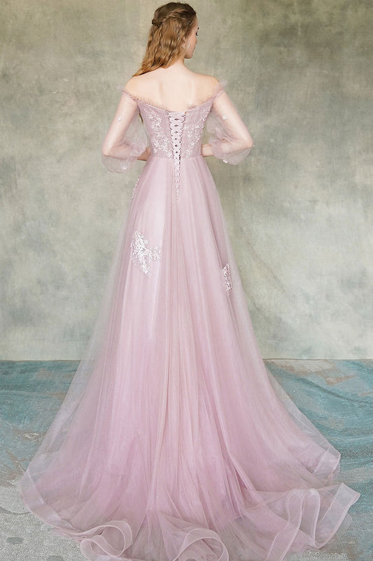 Pink tulle lace long prom dress pink tulle formal dress