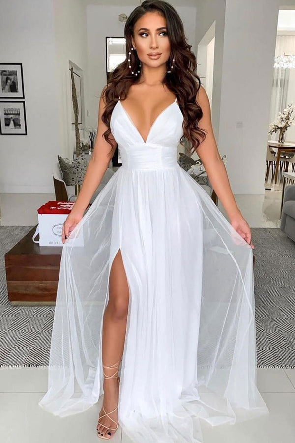 White v neck tulle long prom dress white evening dress