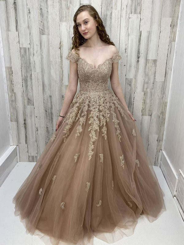 Champagne off shoulder tulle lace long prom dress, lace evening dress