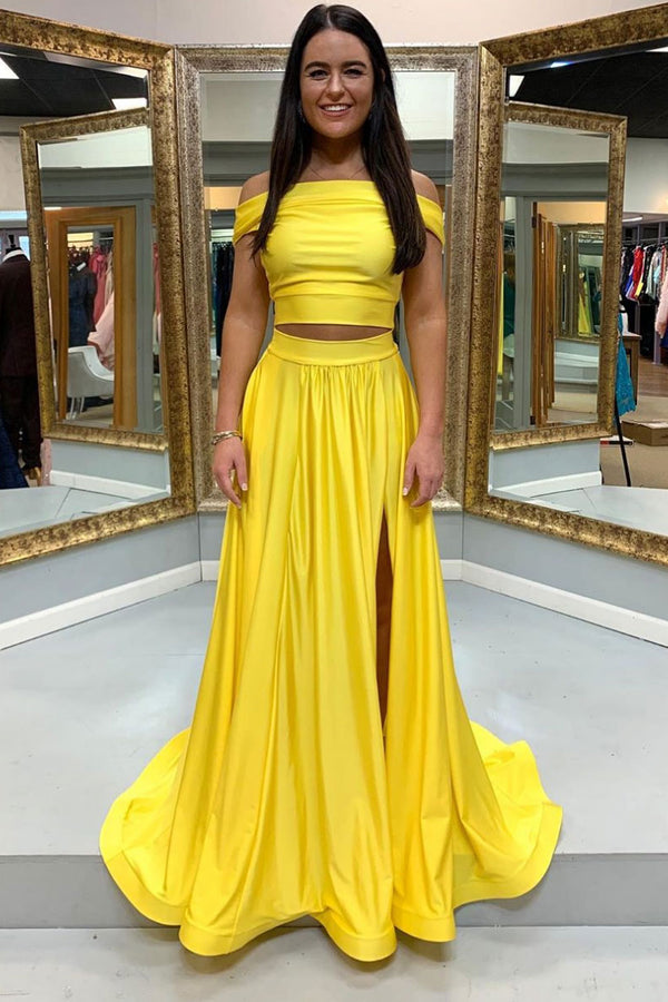 Simple yellow satin two pieces long prom dress yellow formal dress