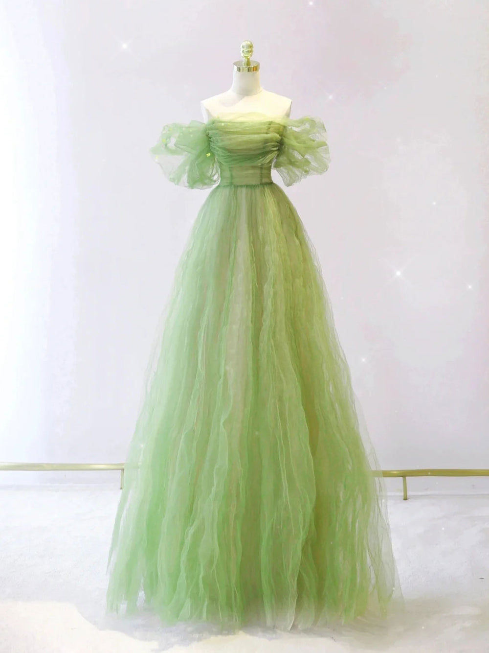 Green A line tulle long prom dress, green tulle formal evening dress