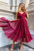 Simple burgundy v neck tulle prom dress burgundy evening dress