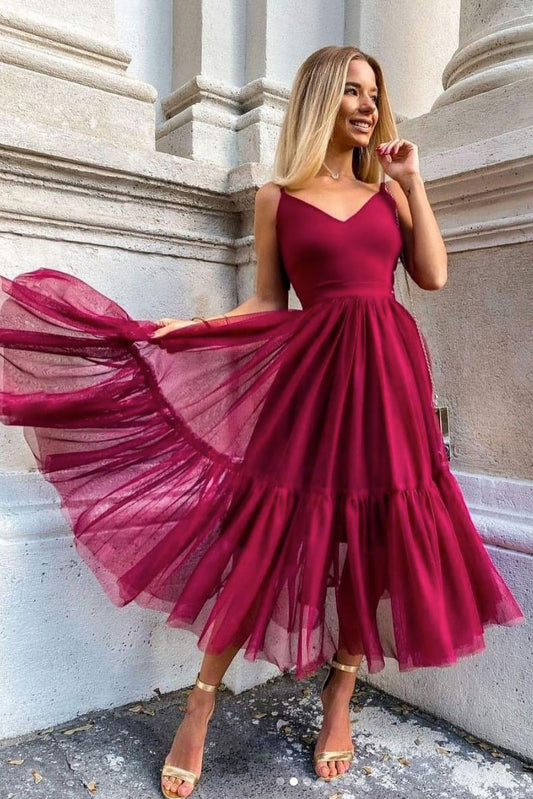Simple burgundy v neck tulle prom dress burgundy evening dress