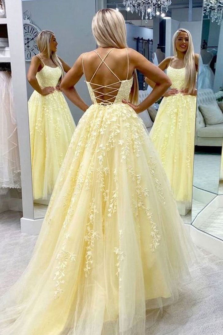 Yellow tulle lace long prom dress yellow tulle lace formal dress