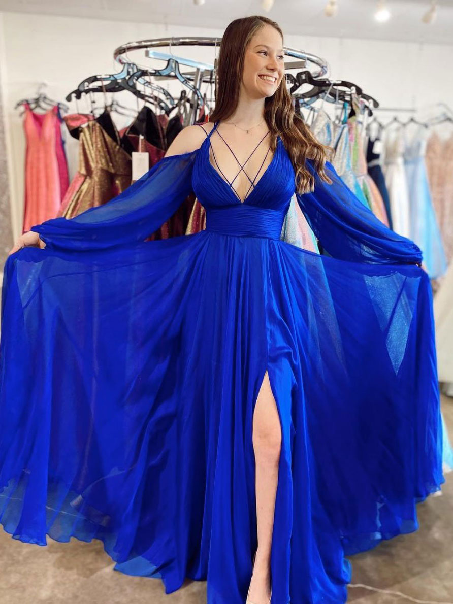 Blue v neck chiffon long prom dress, blue long evening dress