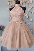 Pink tulle lace short prom dress lace homecoming dress