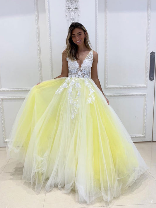 Yellow v neck tulle lace long prom dress yellow tulle lace formal dress
