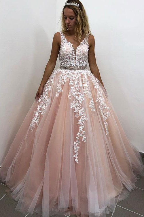 pink v neck tulle lace long prom dress, pink lace evening dress